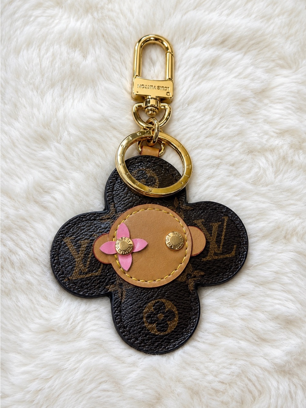 Keychain Monogram Flower Keyring in Brown, Tan & Pink with Gold Hardware
